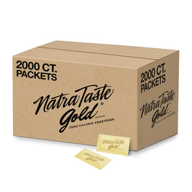 NatraTaste Gold zero calorie packets beside a coffee cup for sugar-free mornings.