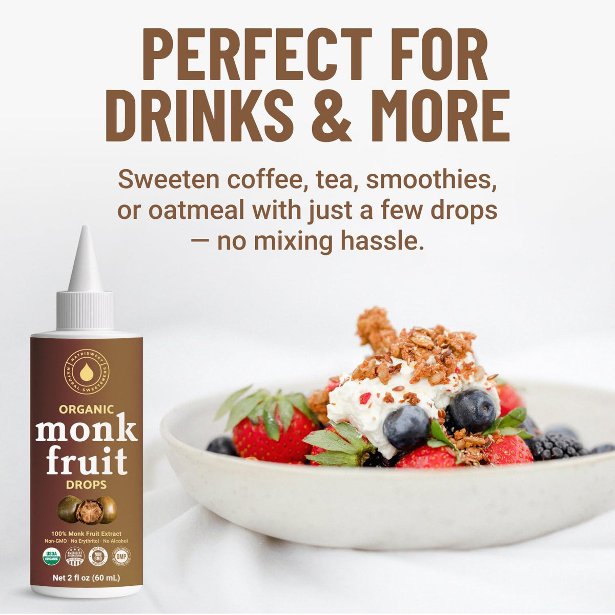 NatriSweet monk fruit liquid drops in baking jar for sugar-free flavor
