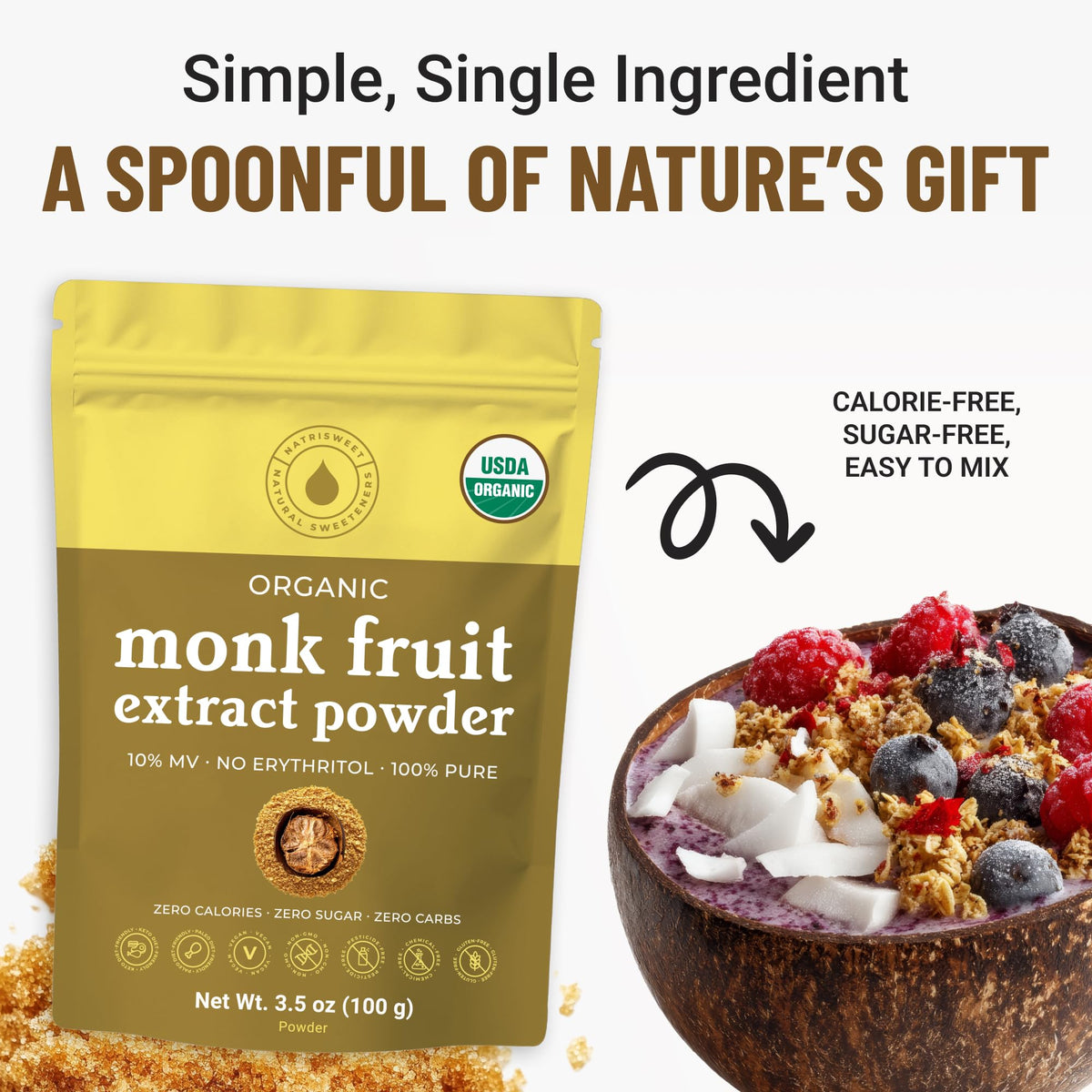 NatriSweet monk fruit powder used in tea or coffee for a creamy, guilt-free sip