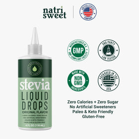 NatriSweet liquid stevia ingredients label emphasizes plant-based, non-GMO origins.