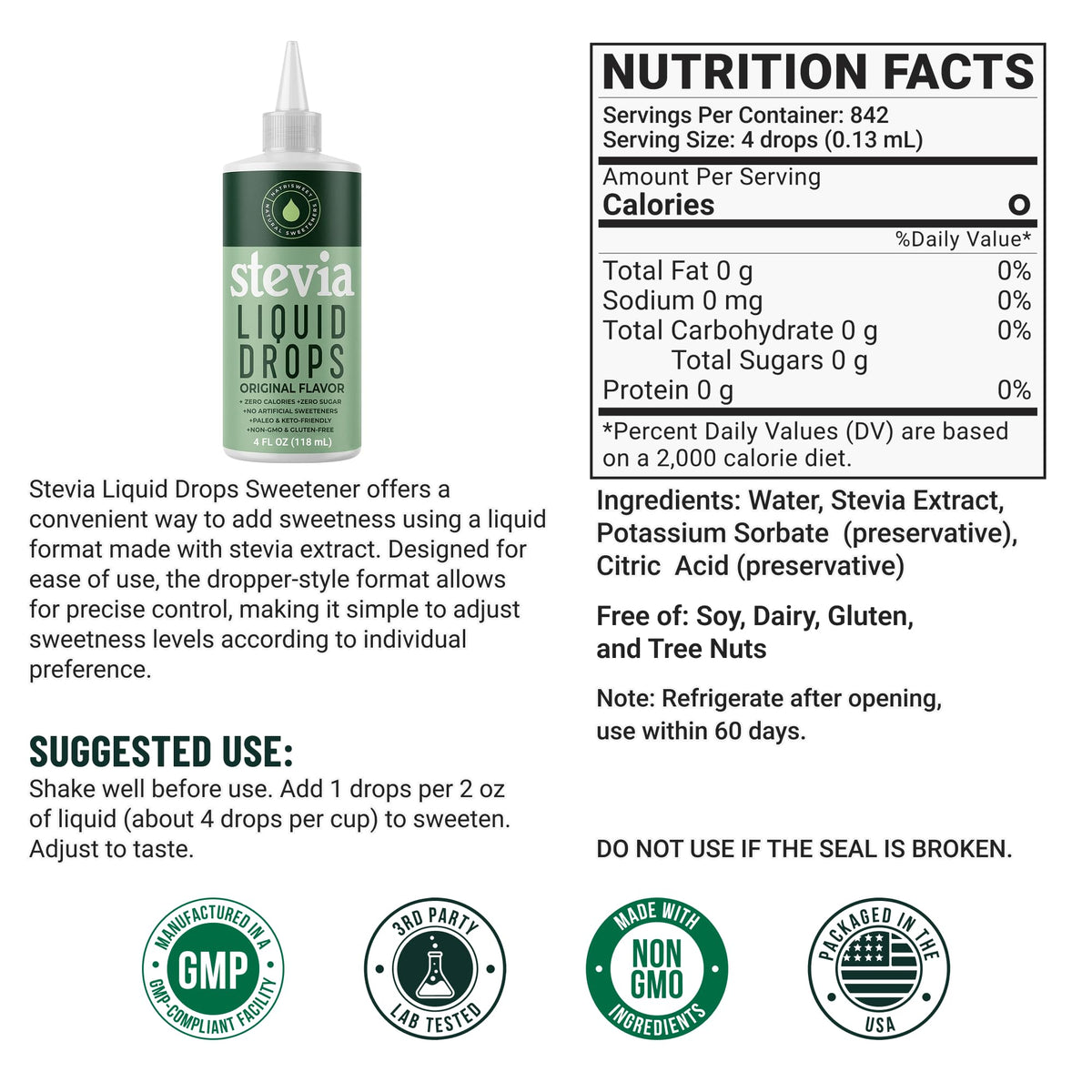 NatriSweet liquid stevia drops pour showing easy dosing for drinks.