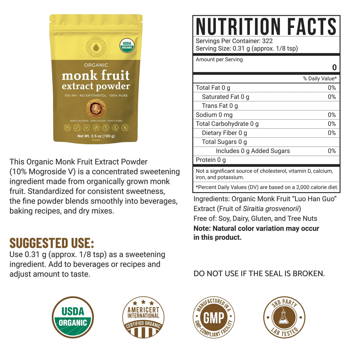 NatriSweet monk fruit extract powder scoop showing pure sweetness without fillers in drinks