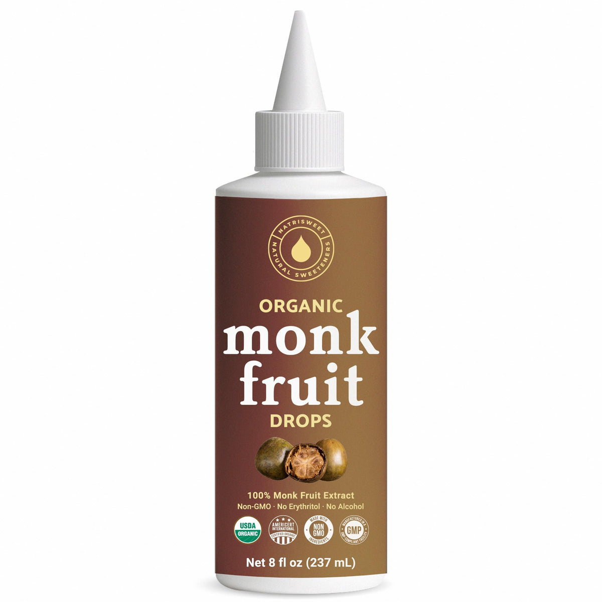 NatriSweet organic monk fruit liquid sweetener bottle pour for clean, zero-sugar sweetness.