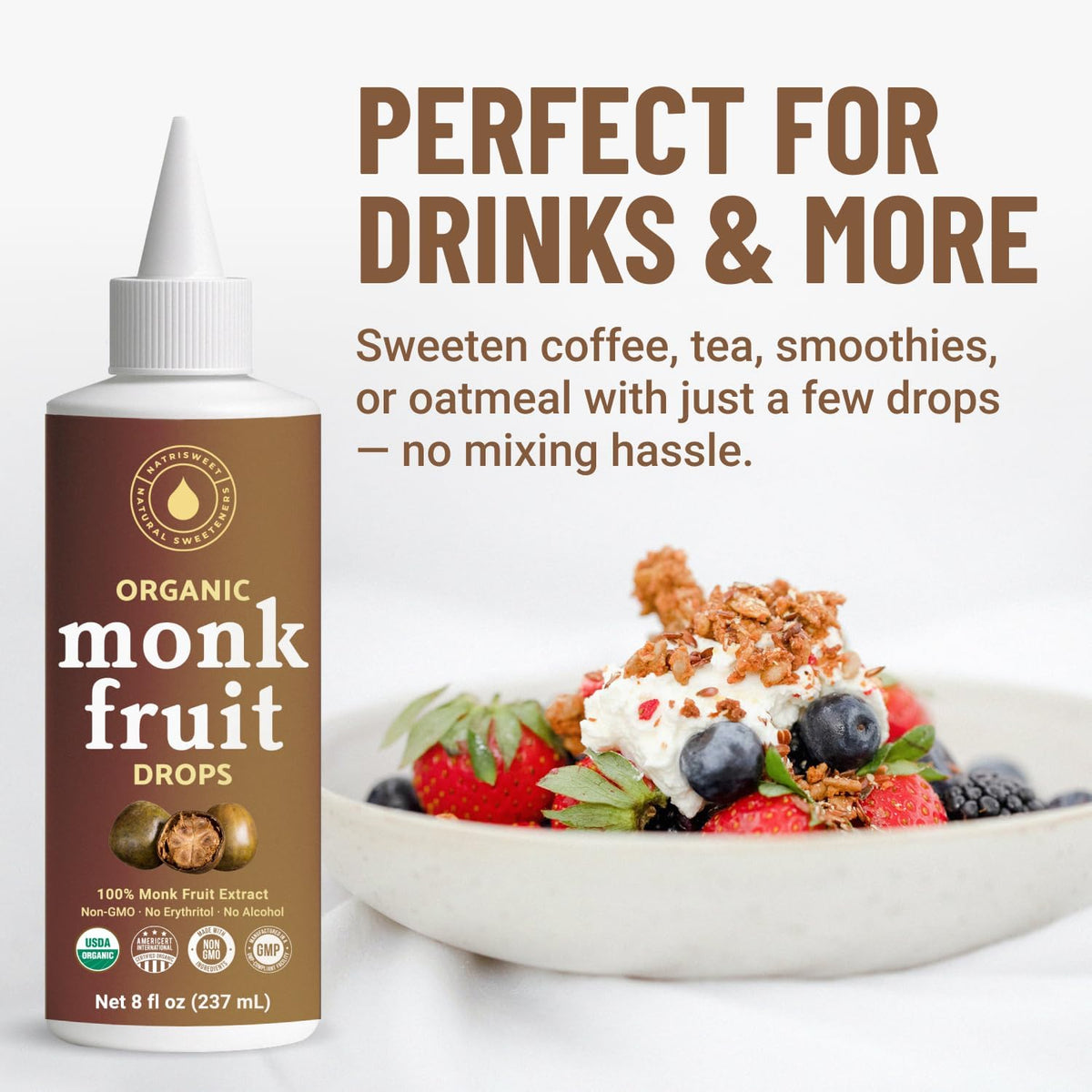 NatriSweet liquid sweetener drops enhance coffee or tea with no bitter aftertaste.