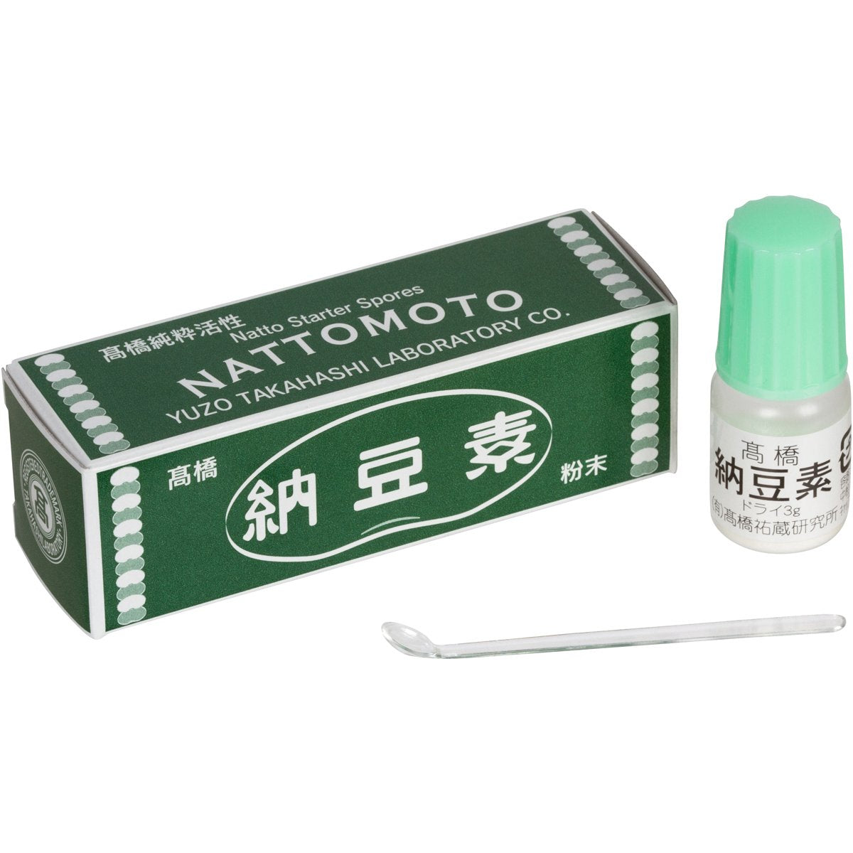 Nattomoto starter spores bottle with measuring spoon for precise dosing.