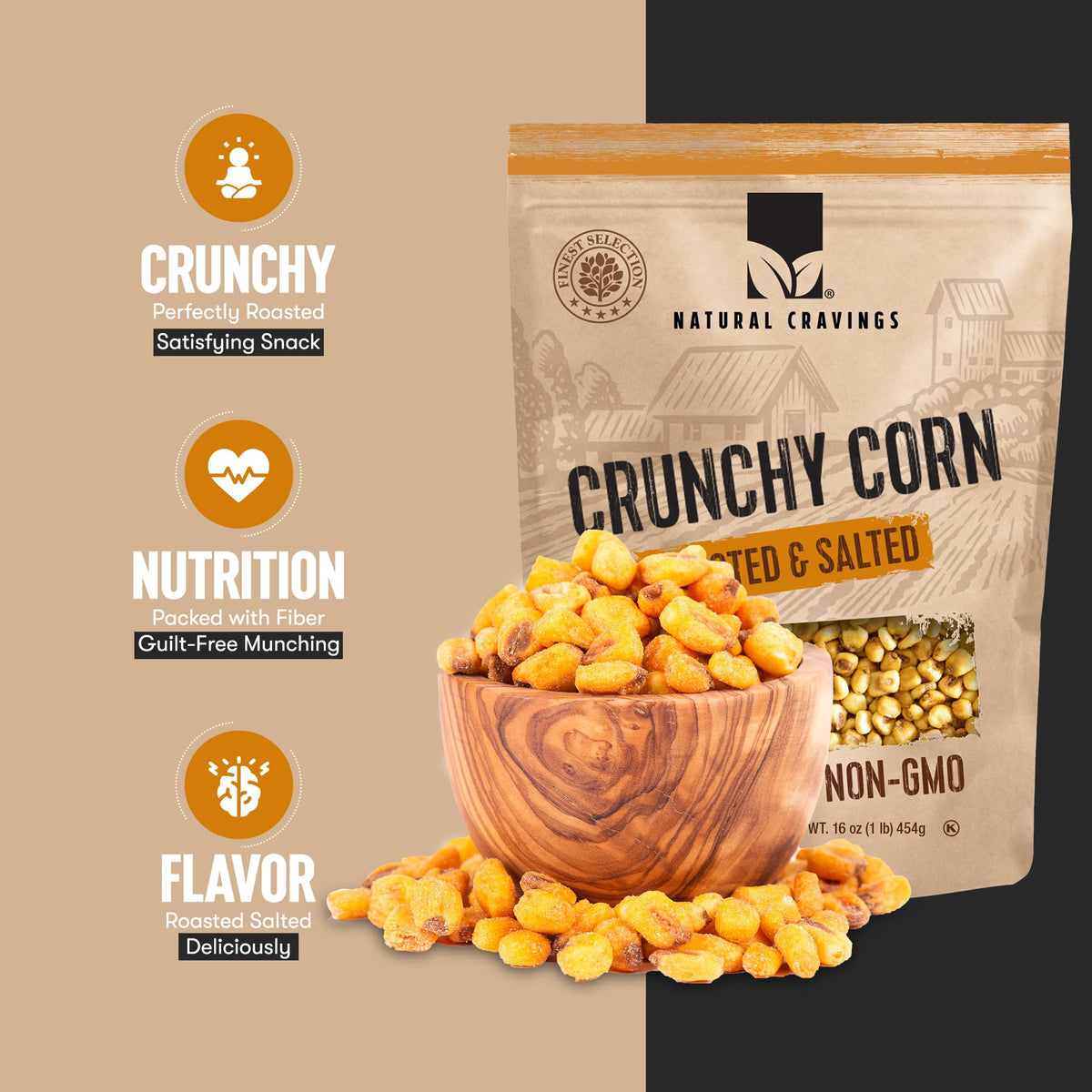 Natural Cravings crunchy corn-nuts snack in bowl, ideal for sharing and snacking.