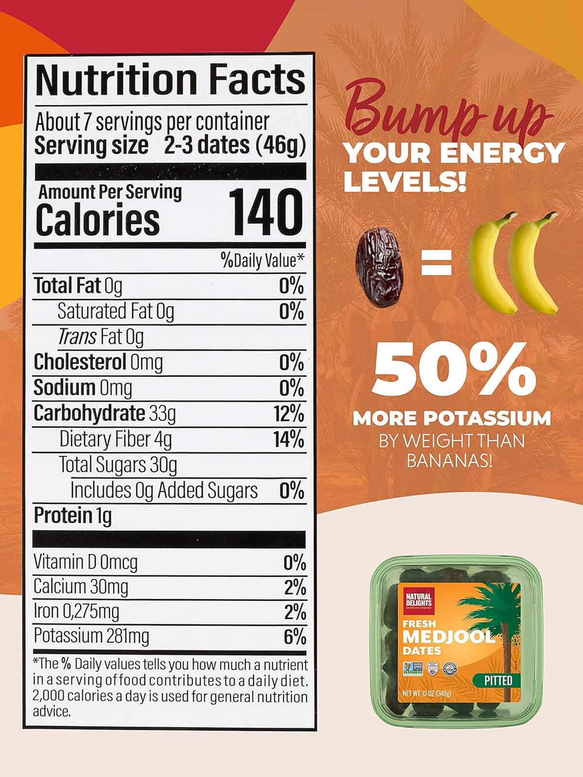 Natural Delights Medjool dates Non-GMO verified badge on label