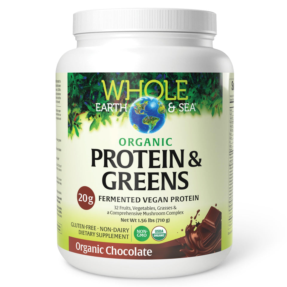 Natural Factors Whole Earth & Sea chocolate bottle, vegan protein for everyday workouts.