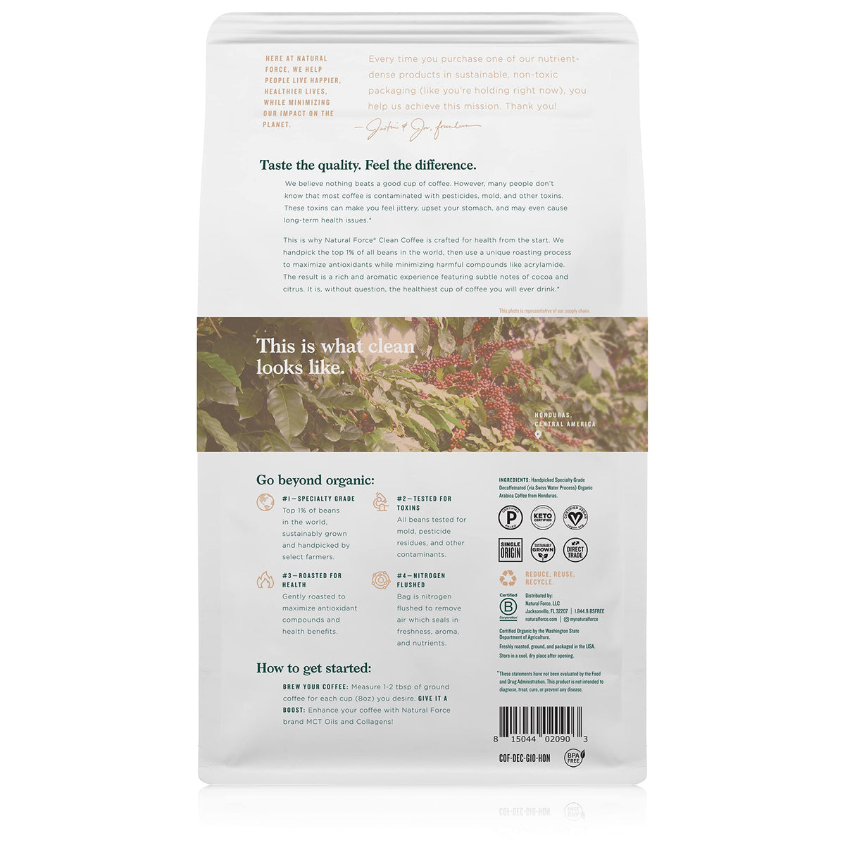 Natural Force Clean Decaf Swiss Water process graphic depicts solvent-free decaffeination and purity.