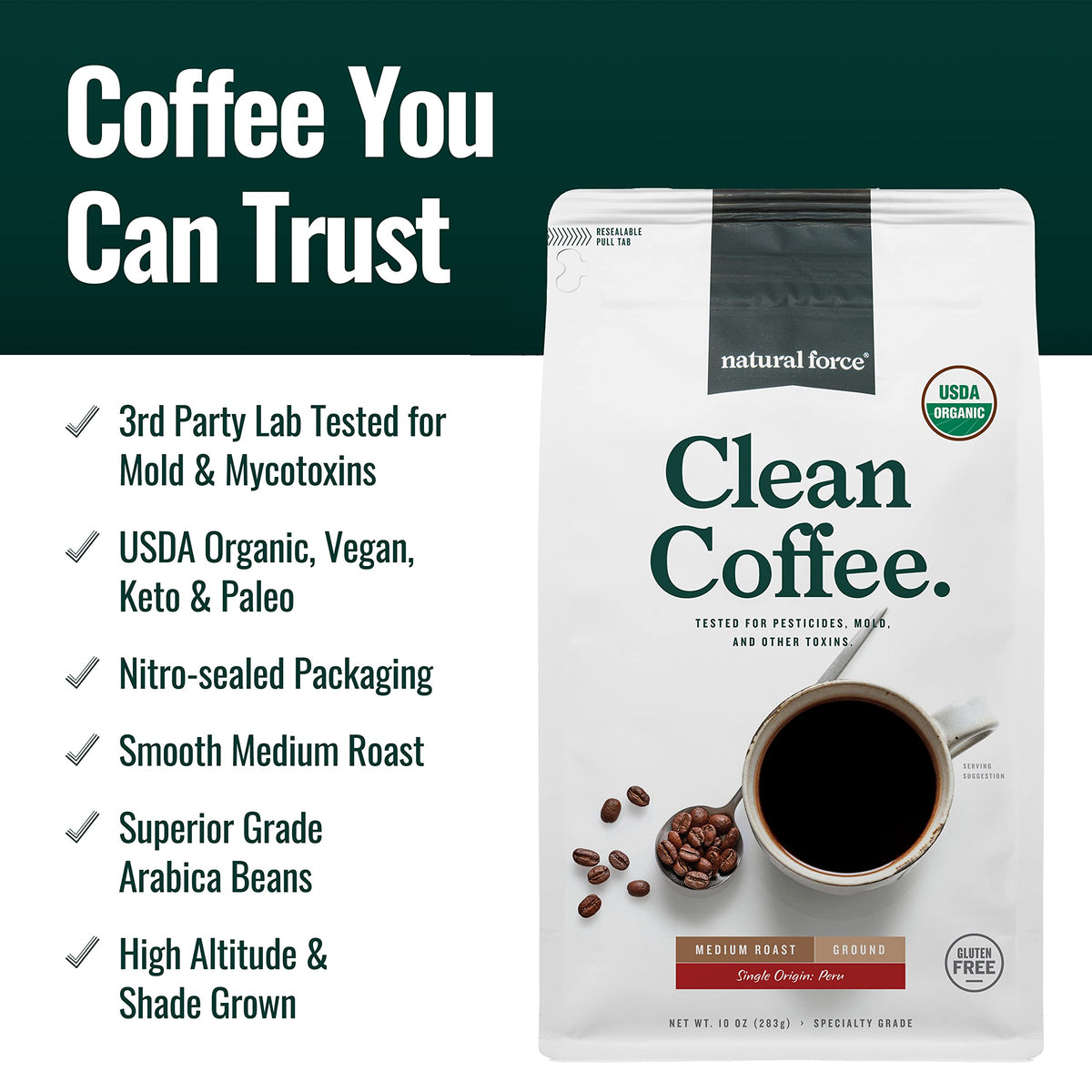 Natural Force Coffee cup steaming with rich aroma and smooth flavor