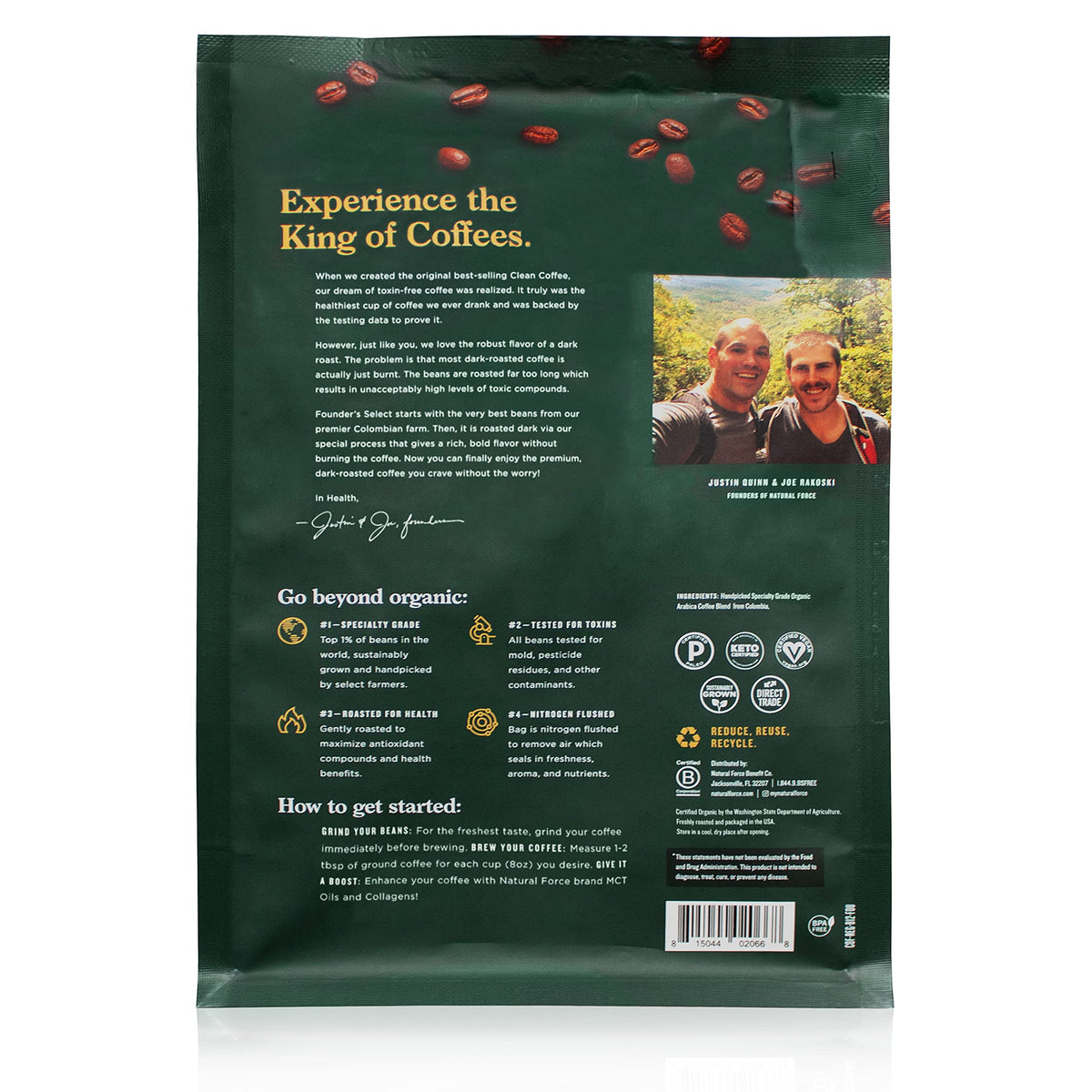 Natural Force Founder's Select coffee beans on a table, premium dark roast aroma ready to grind.