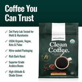 Natural Force Founder's Select dark roast brew in cup highlighting rich flavor and low acidity.