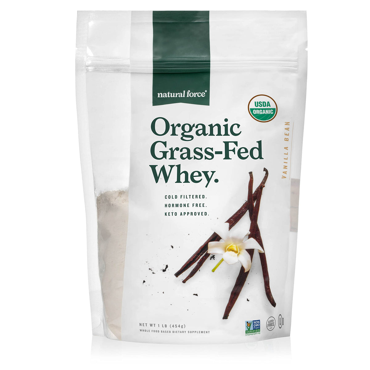Natural Force grass-fed whey powder bag open for a shake