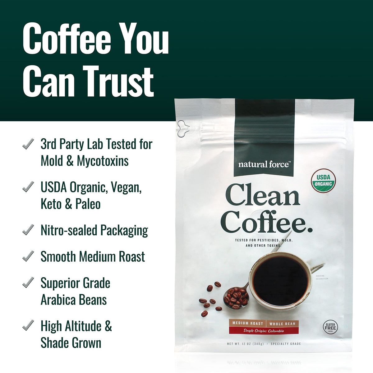 Natural Force Low Acid Coffee cup offers smooth flavor with gentle brightness.