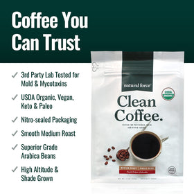 Natural Force Low Acid Coffee cup offers smooth flavor with gentle brightness.