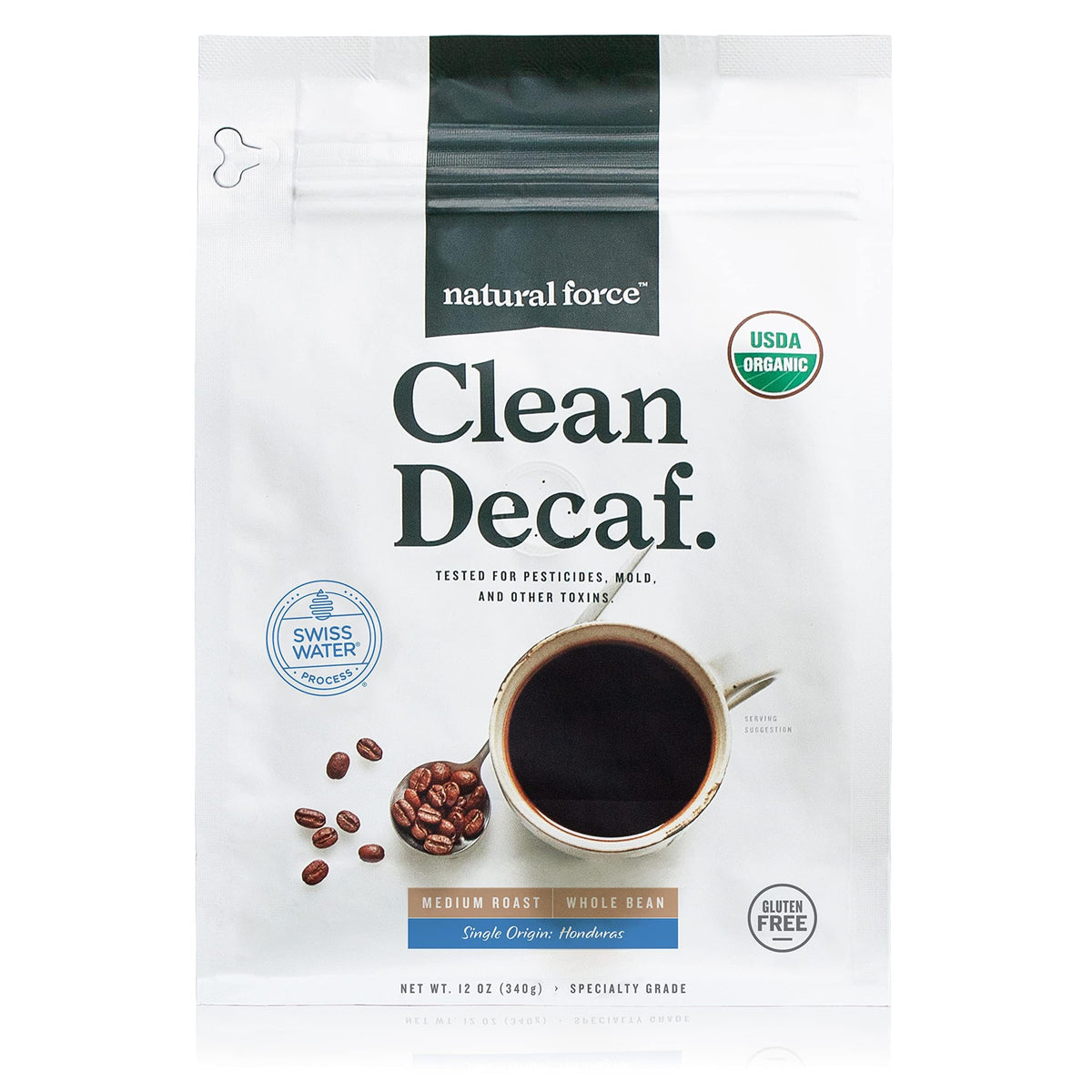 Natural Force mold-free coffee packshot shows premium whole beans