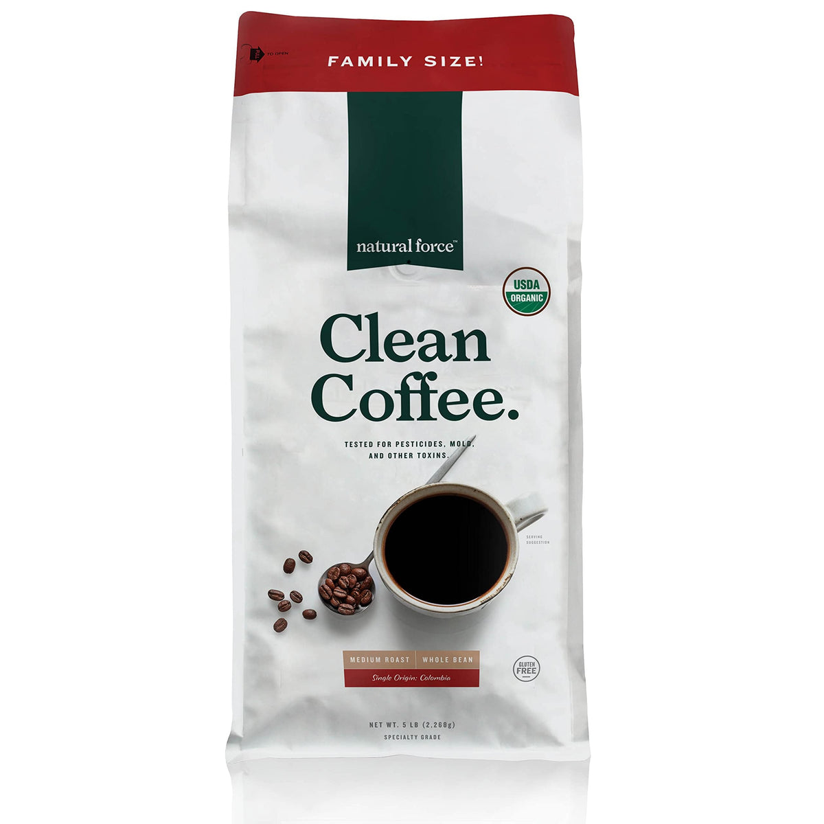 Natural Force Organic Mold Free Coffee 5 lb bag emphasizing toxin-free sourcing and bold aroma.