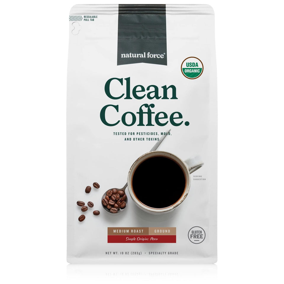 Natural Force Organic Mold Free Coffee bag front showing organic certification