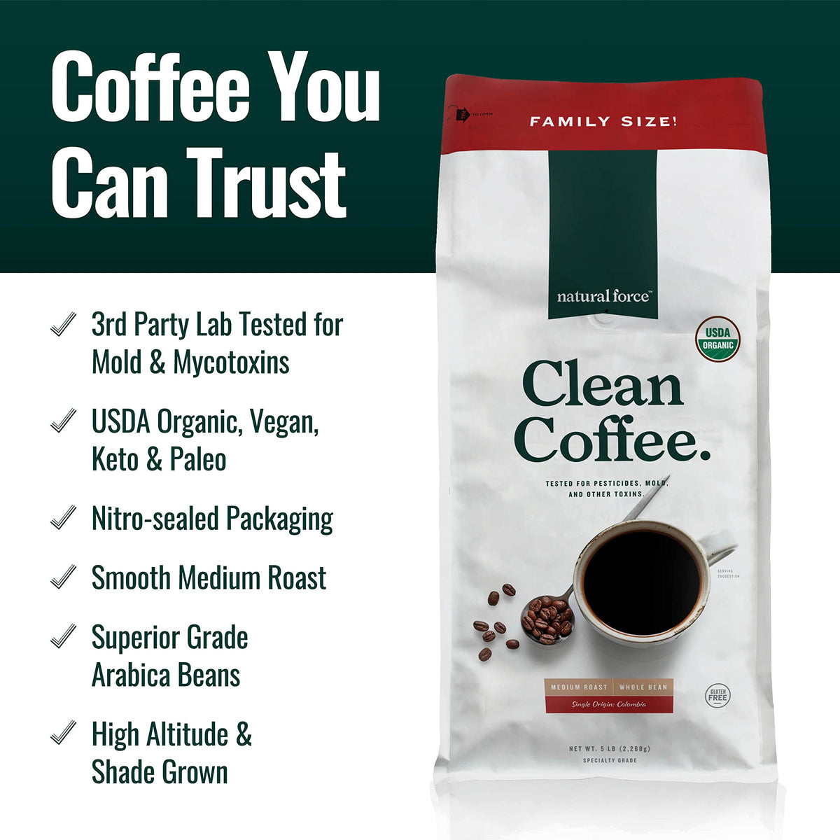 Natural Force mold testing seal signals safety and transparency for your daily brew.