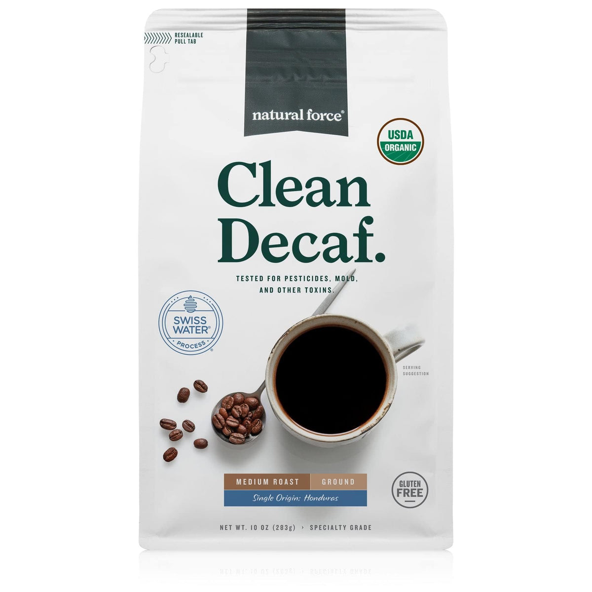 Natural Force Organic Mold-Free Coffee packaging shown, highlighting toxin-free sourcing and premium packaging.