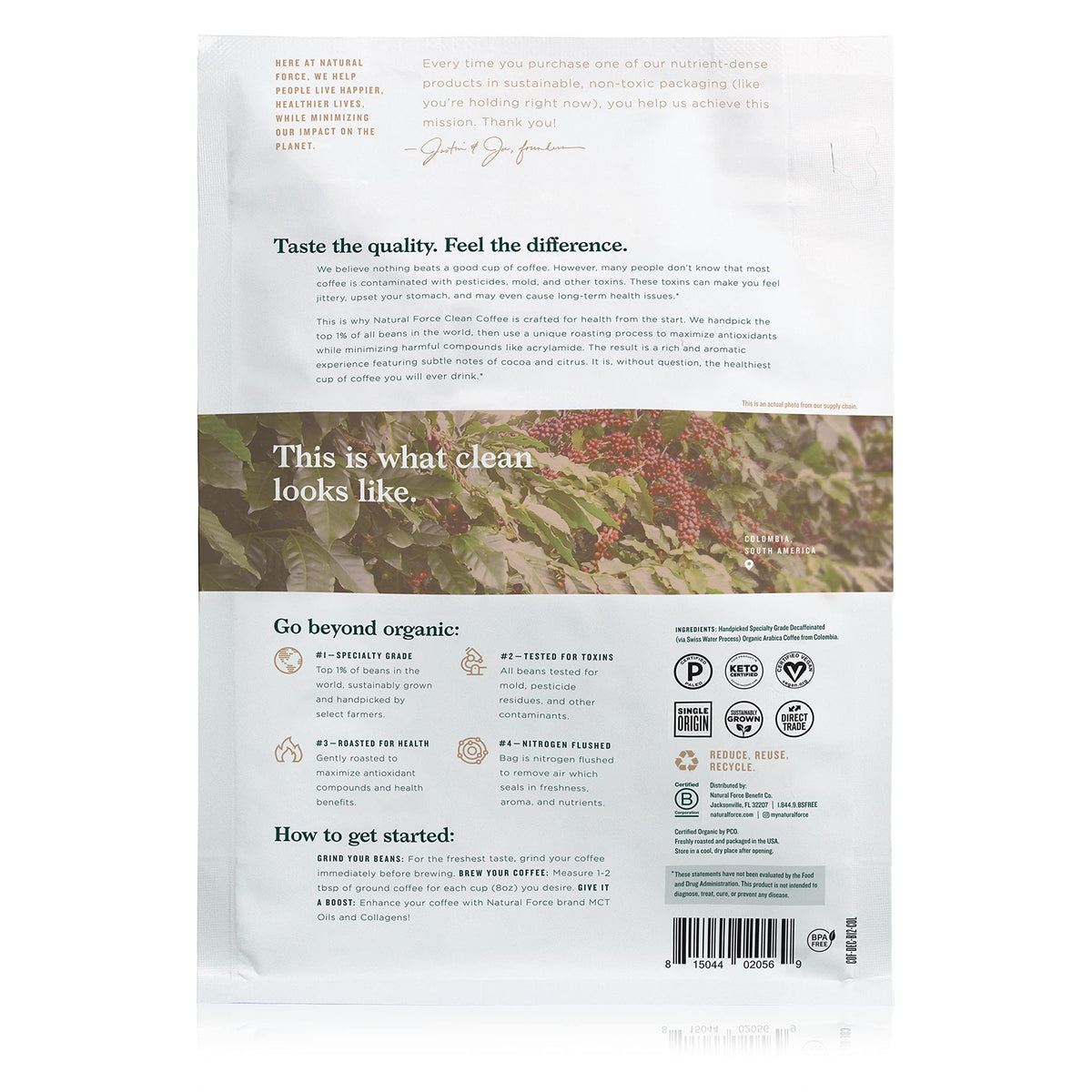 Natural Force Swiss Water decaf beans highlight clean caffeine removal