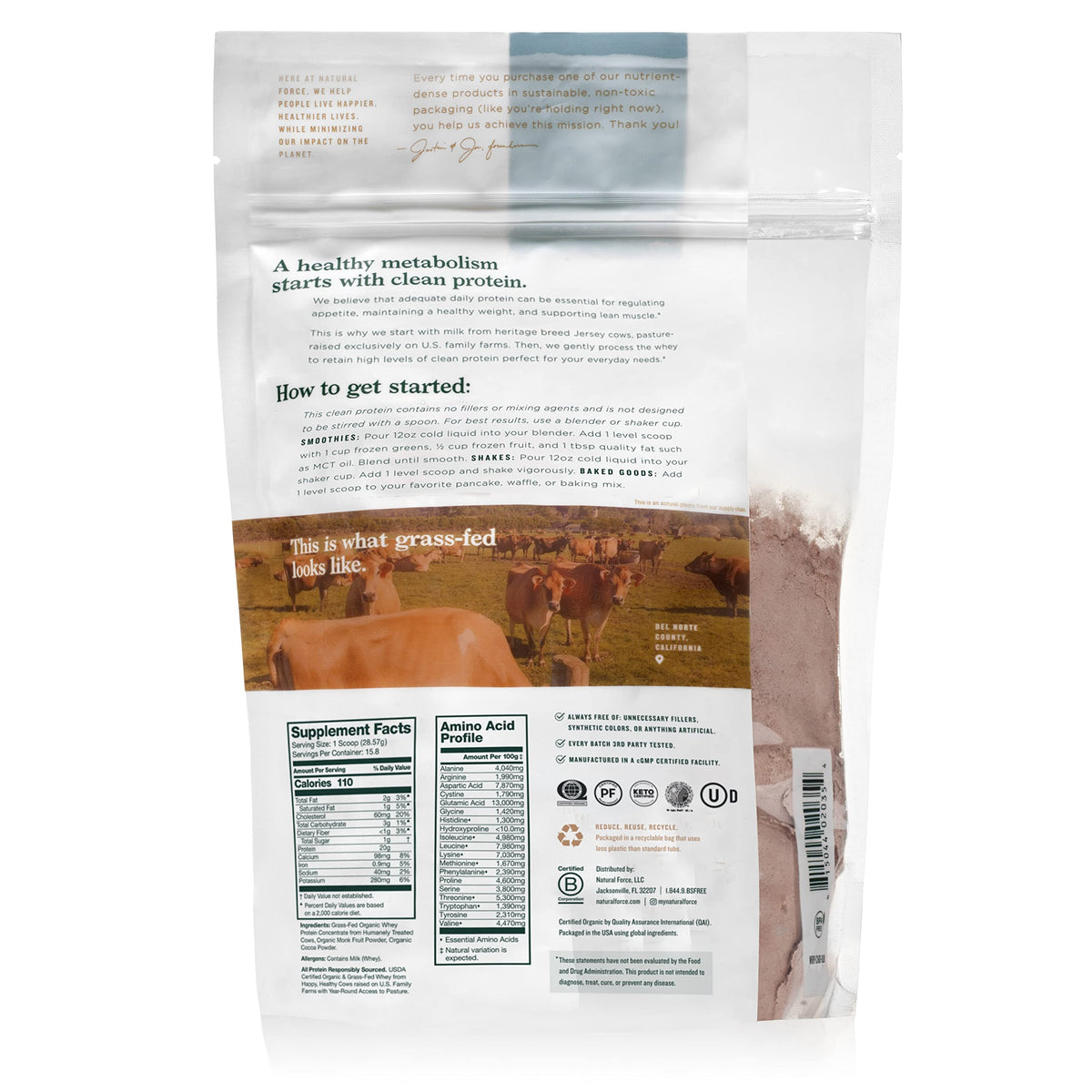 Natural Force Whey Chocolate pour demonstrates keto-friendly, low-carb protein for quick shakes