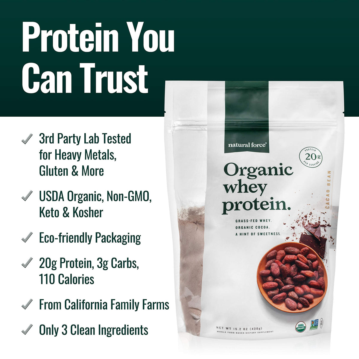 Natural Force Whey Chocolate scoop illustrates precise serving for macros