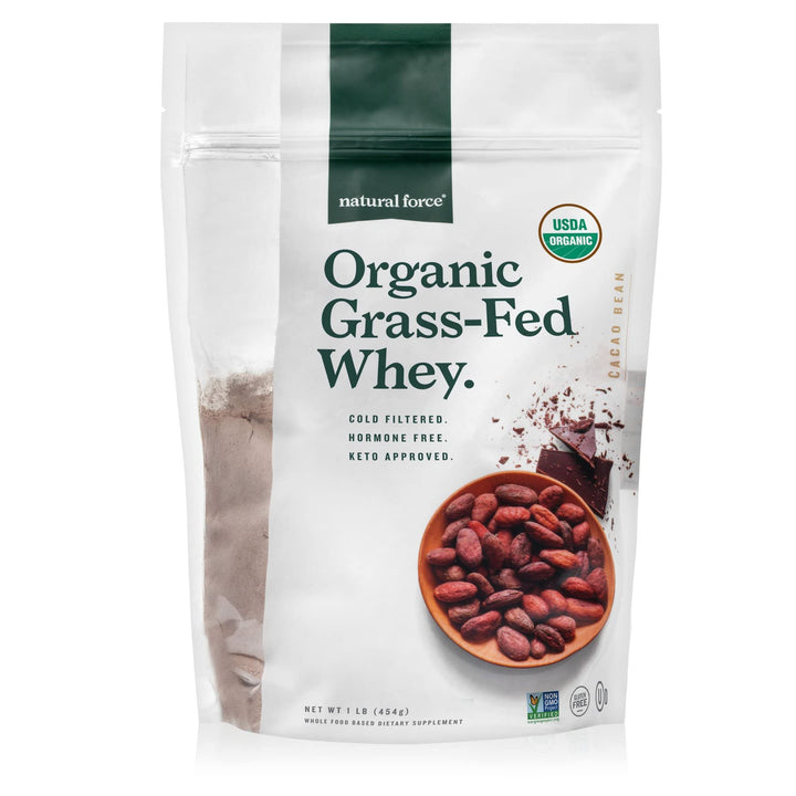 Natural Force Whey Chocolate tub highlights grass-fed organic protein for meals
