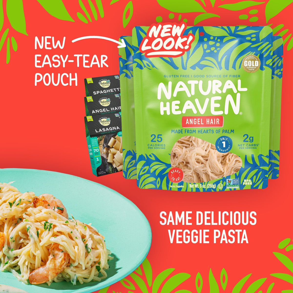 Natural Heaven Hearts of Palm Pasta angel hair cooks quickly and gluten-free.