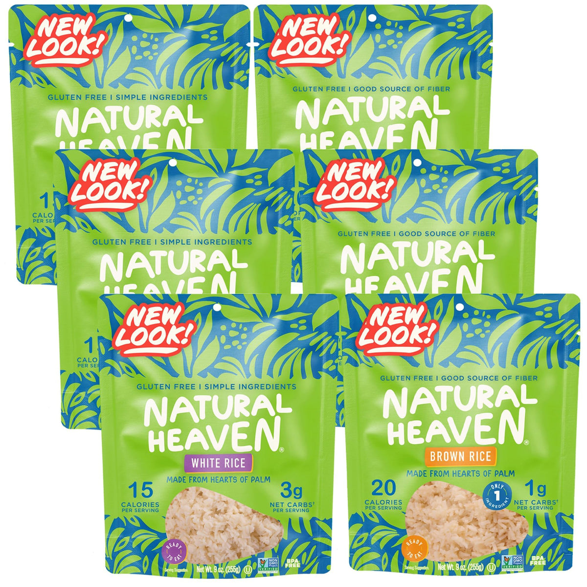 Natural Heaven Hearts of Palm Rice six-pack packaging, a low-carb, gluten-free option.