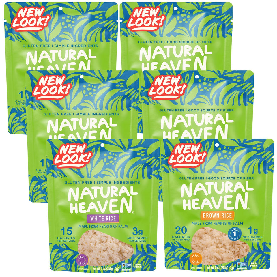 Natural Heaven Hearts of Palm Rice six-pack packaging, a low-carb, gluten-free option.