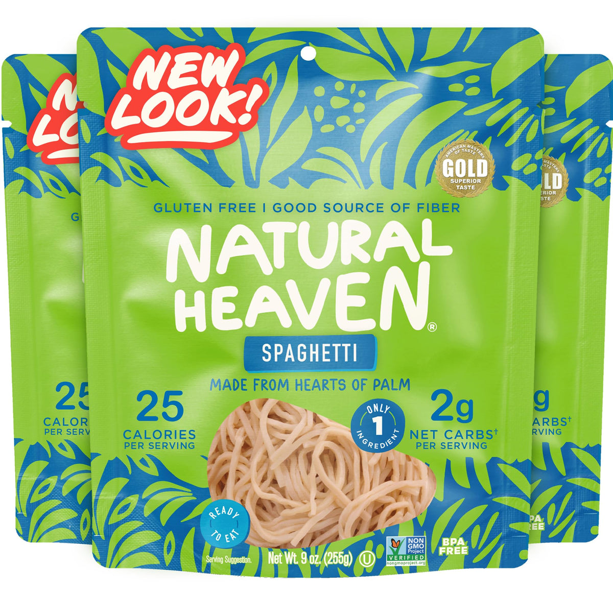 Natural Heaven Spaghetti Noodles 3-Pack front view for quick, low-calorie meals.