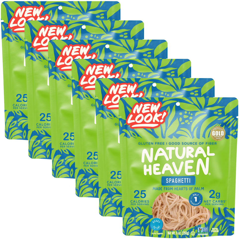 Natural Heaven Spaghetti Noodles with Hearts of Palm packaging displays a low-carb, potassium-rich option.