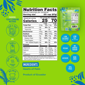 Natural Heaven Spaghetti Noodles nutrition panel showing potassium content and low calories.