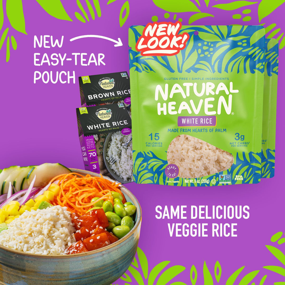 Natural Heaven ready-to-heat hearts of palm rice bowl, quick meal option.