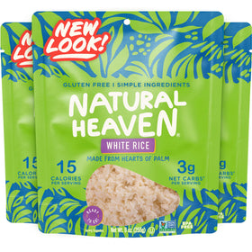 Natural Heaven White Rice with Hearts of Palm 3-pack, package-front view, convenient low-carb staple.