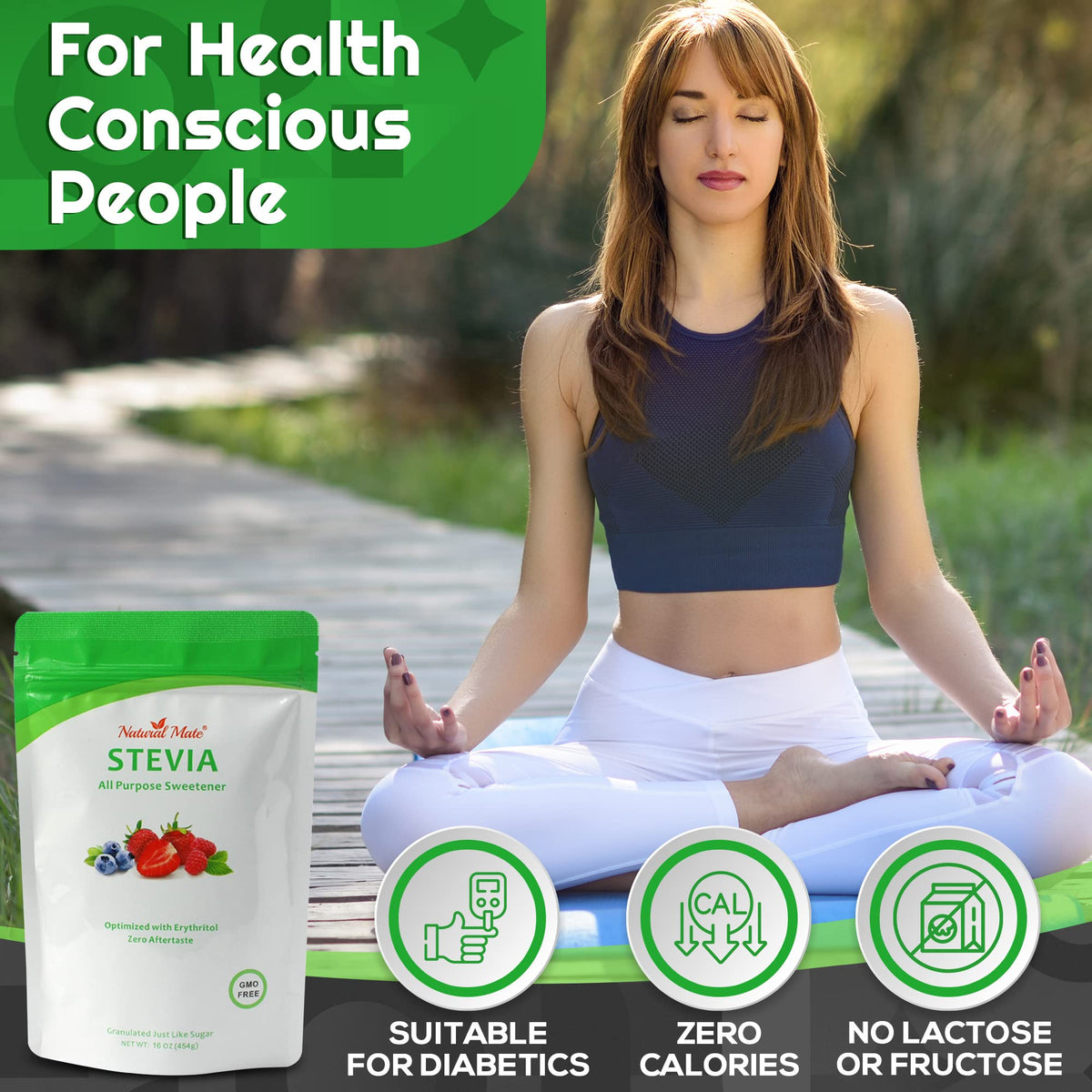 Natural Mate label closeup shows quality stevia-erythritol blend ingredients.