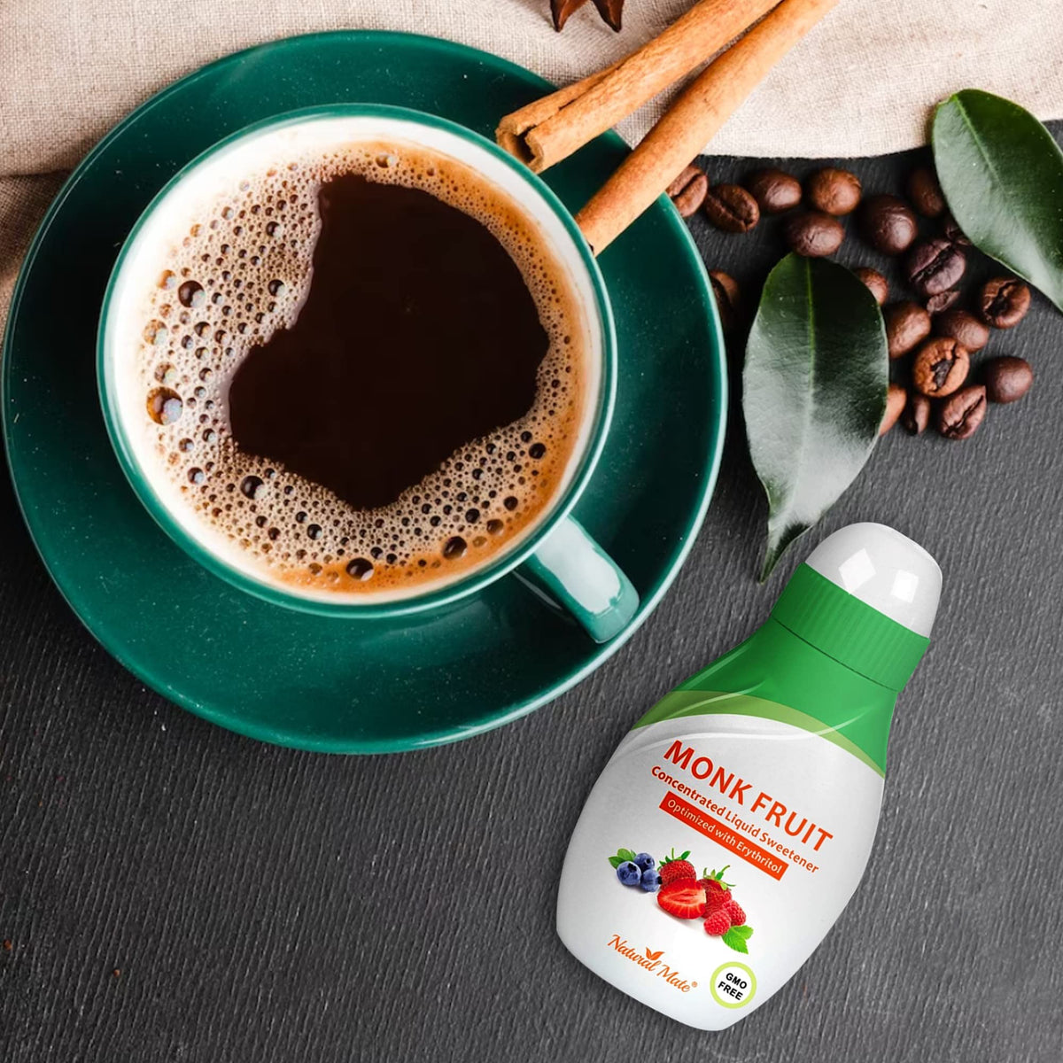 Natural Mate monk fruit liquid drops highlight easy sweetness for drinks.