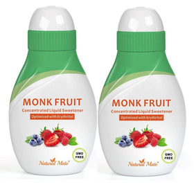 Natural Mate monk fruit liquid sweetener bottle shows zero calories and versatility.