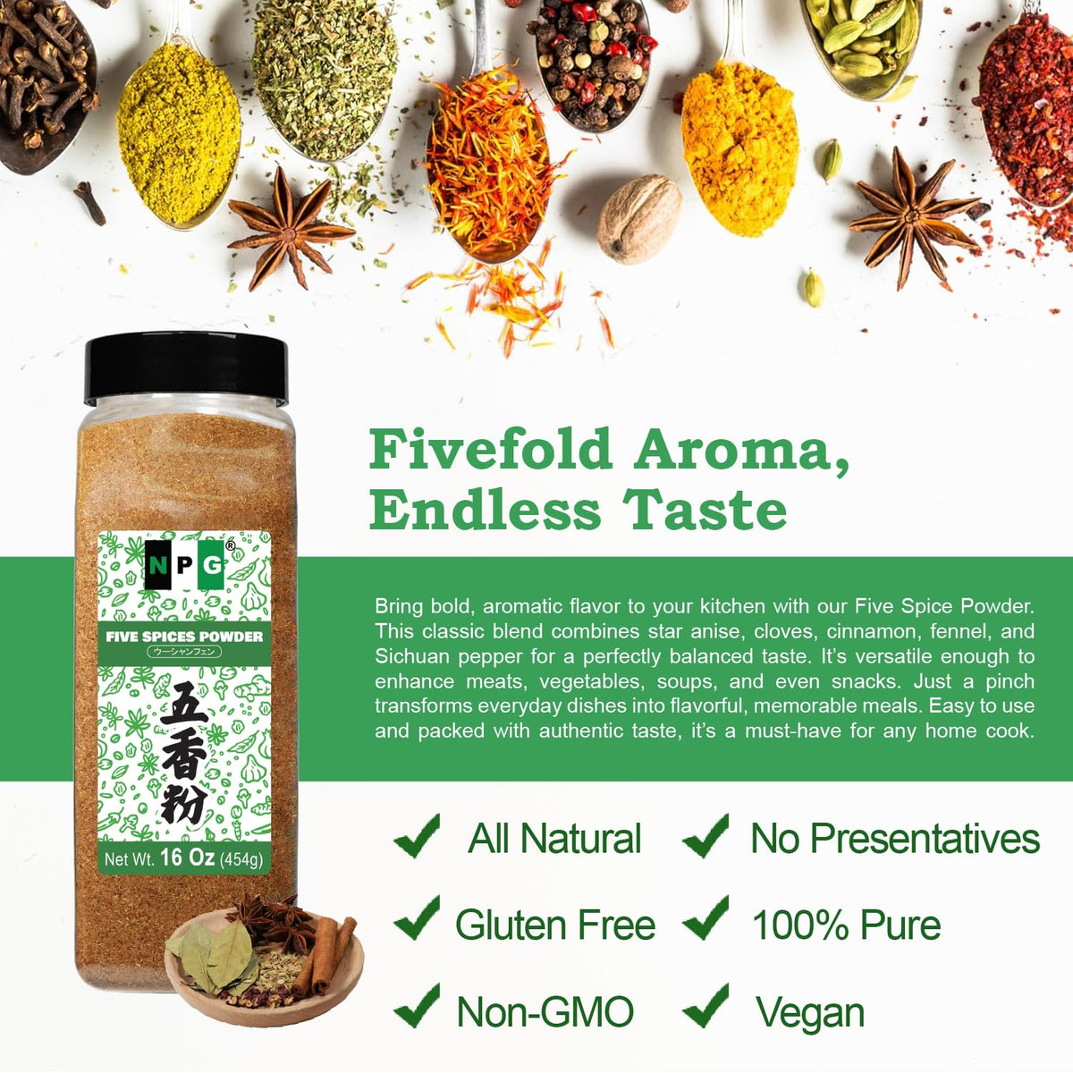 Natural Plus Green ground spice powder boosts Chinese dishes with warm, sweet, and pungent tones.