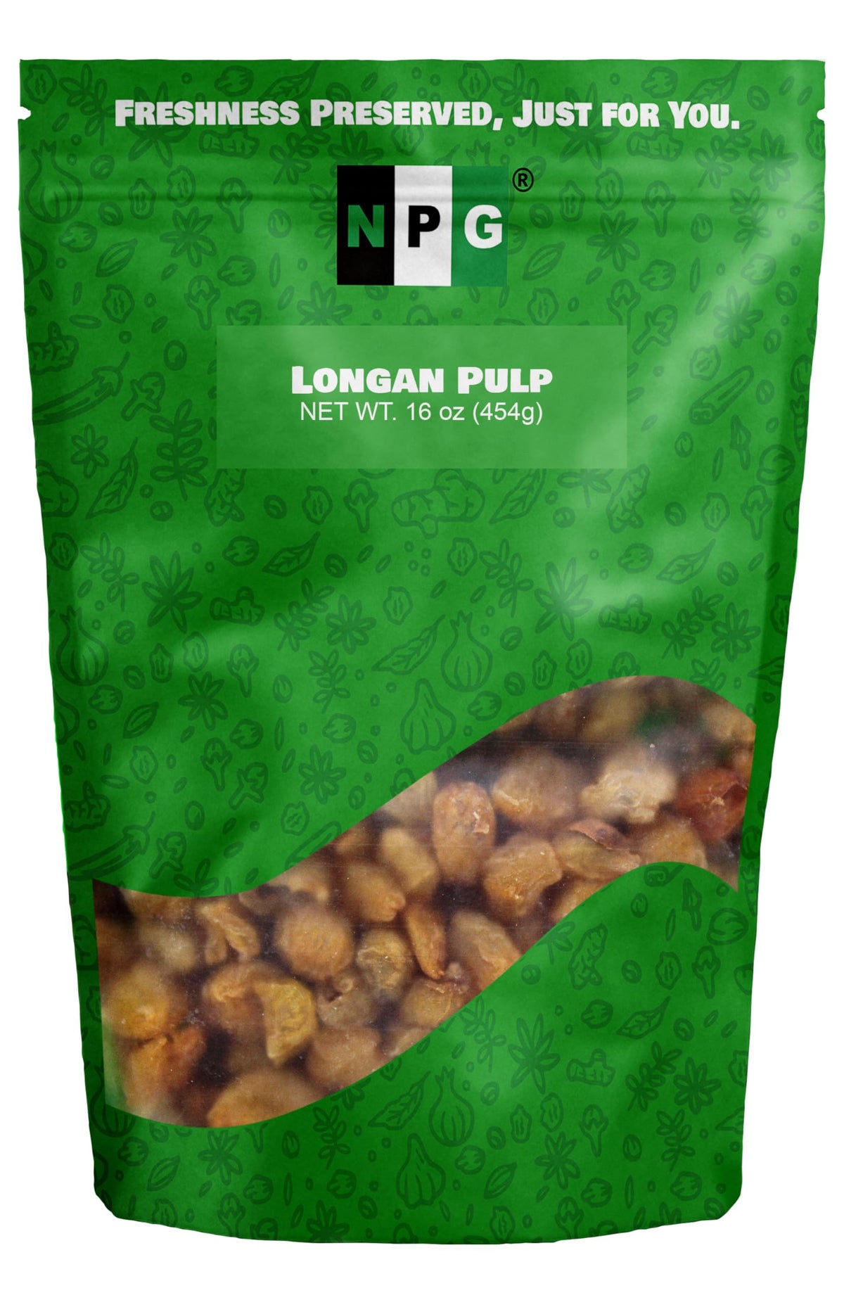 Natural Plus Green NPG dried longan pulp in 16 oz bag for on-the-go snacks.
