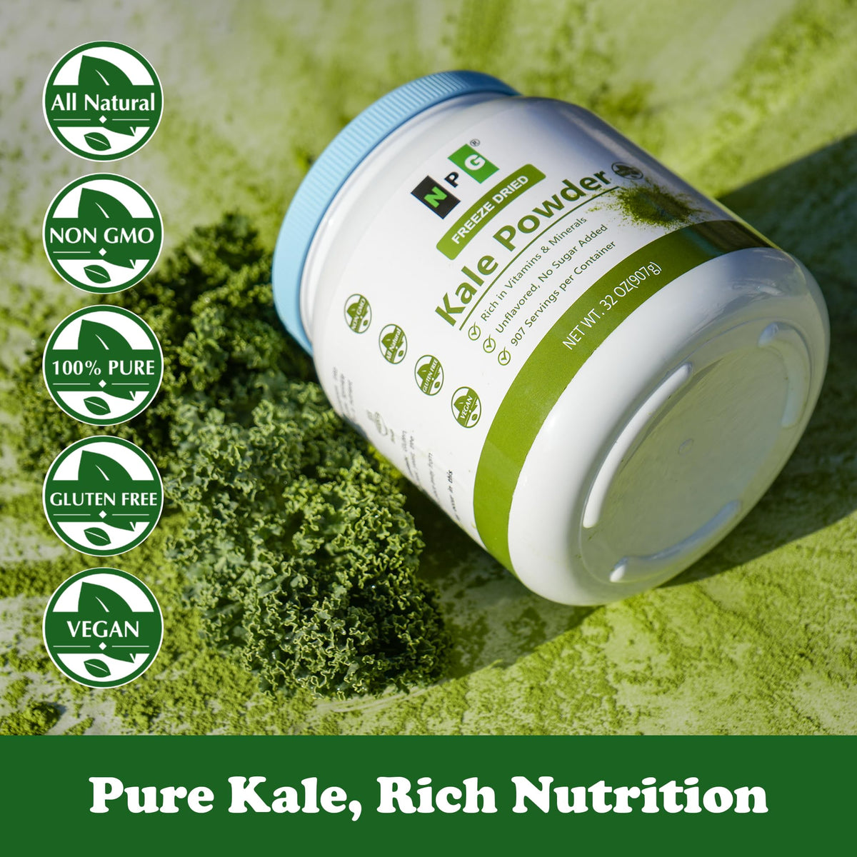 Natural Plus Green NPG kale powder label highlighting non-GMO, gluten-free, and raw form