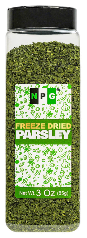 Natural Plus Green NPG freeze-dried parsley flakes in jar preserve fresh flavor and color