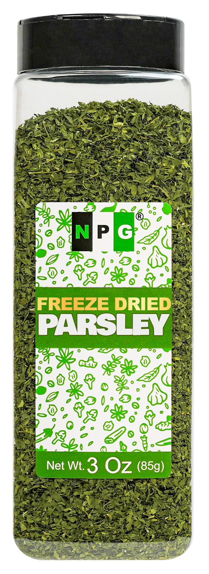 Natural Plus Green NPG freeze-dried parsley flakes in jar preserve fresh flavor and color