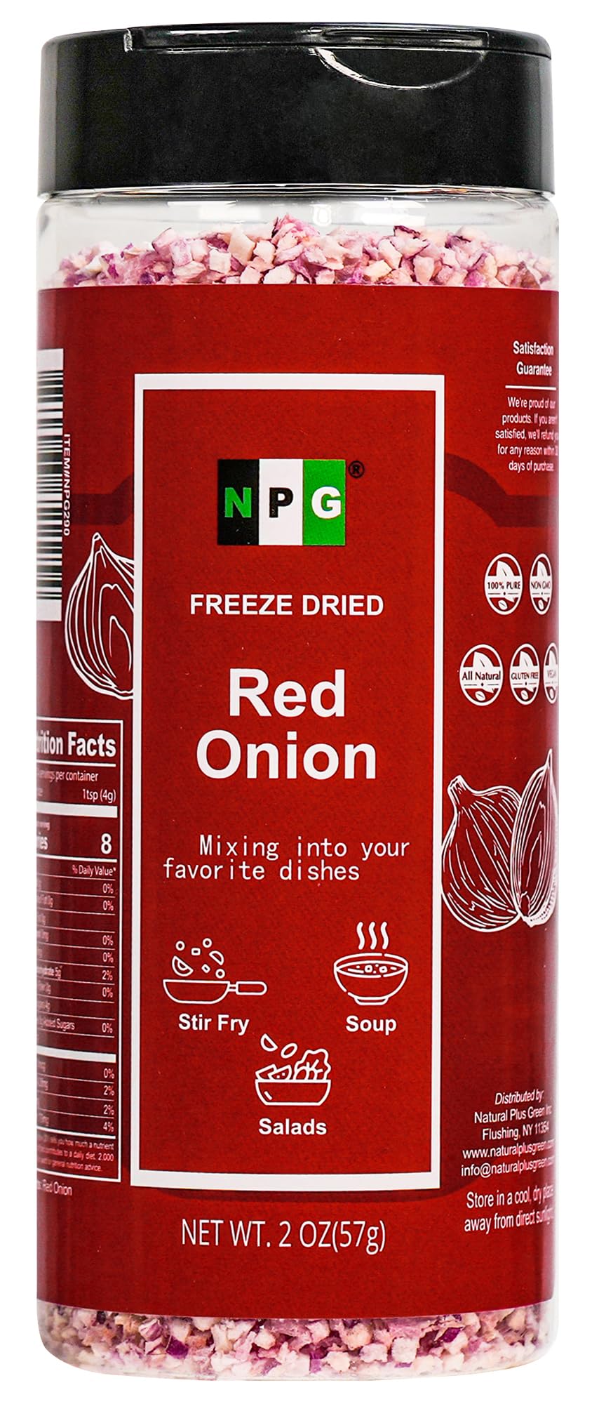 Natural Plus Green NPG freeze-dried red onion 2oz bottle preserves flavor for quick meals.