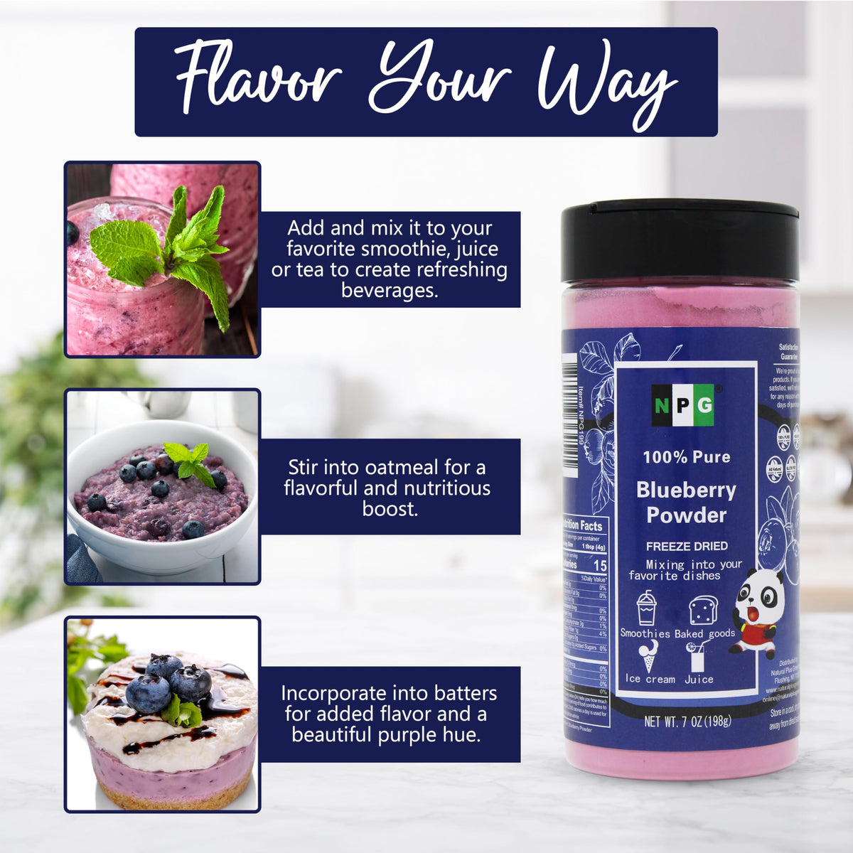 Natural Plus Green NPG Frezee-Dried Blueberry Powder in a baking dish ready to bake