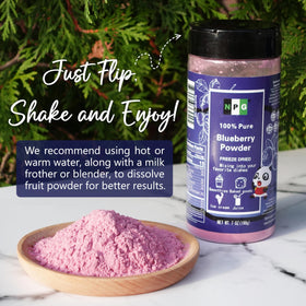 Natural Plus Green NPG Frezee-Dried Blueberry Powder closeup highlighting seedless texture for beverages
