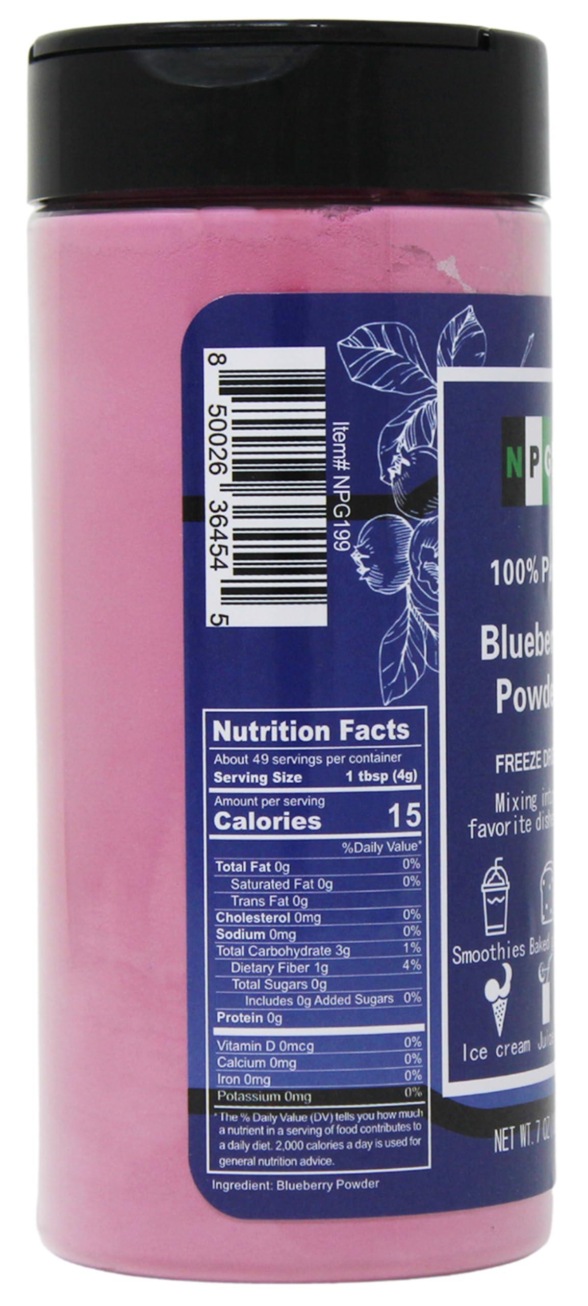 Natural Plus Green NPG Frezee-Dried Blueberry Powder closeup shows fine texture for baking