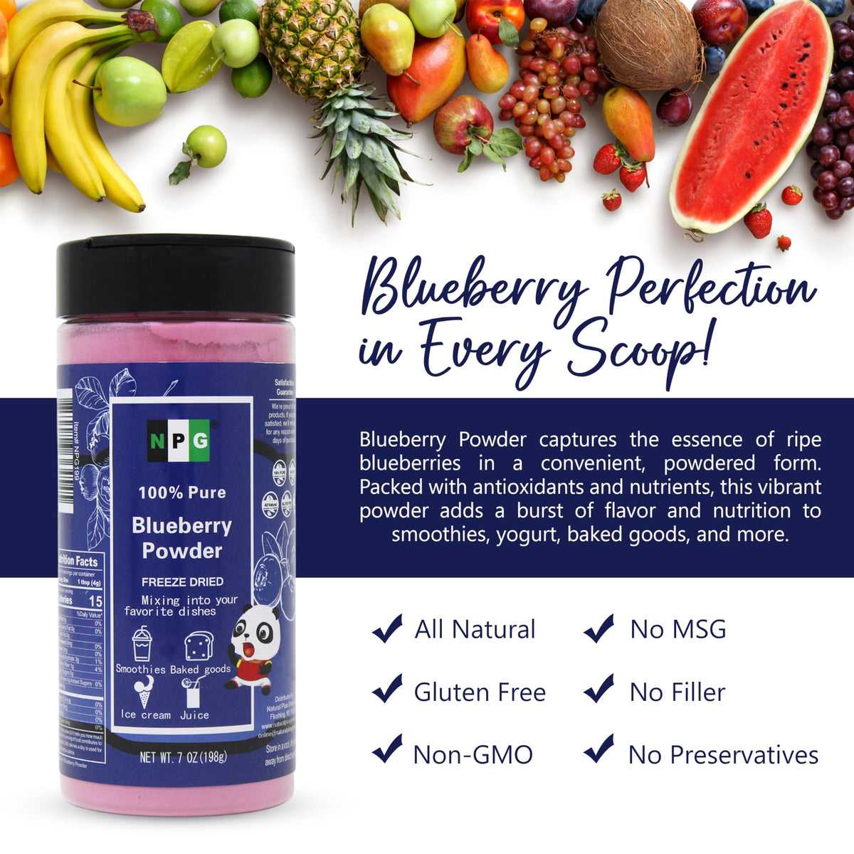 Natural Plus Green NPG Frezee-Dried Blueberry Powder shaker packaging emphasizes convenience