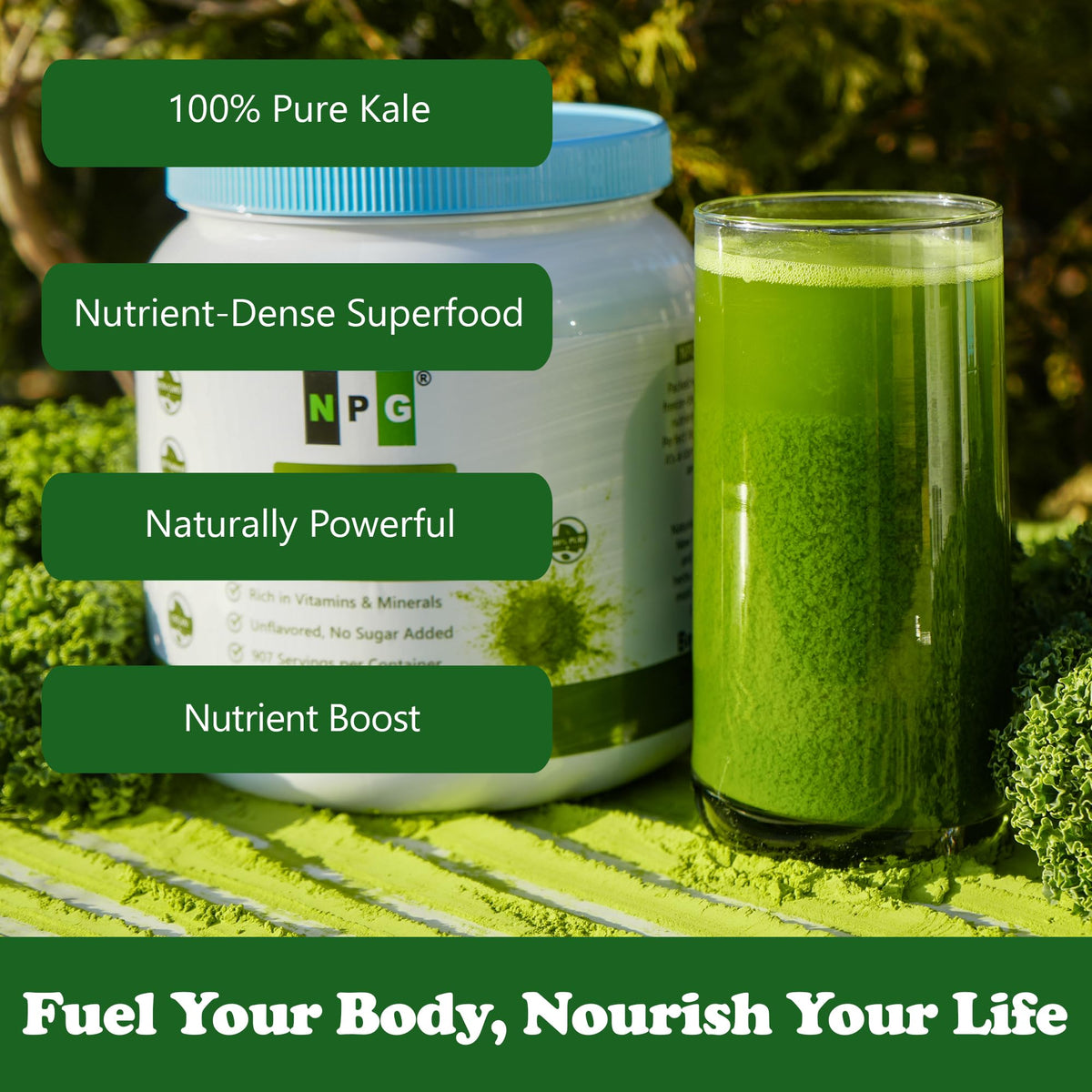 Natural Plus Green NPG kale powder in smoothie for a natural green boost